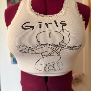 White Graphic Crop Top with Lace Trim